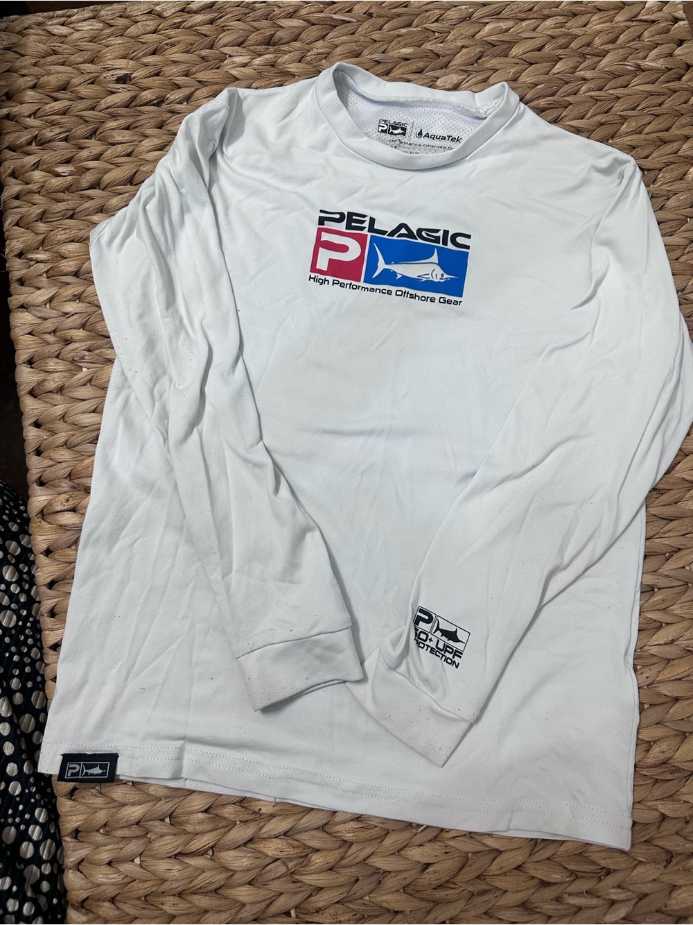 Pelagic White Long-Sleeve Performance Tee with Red & Blue Logo